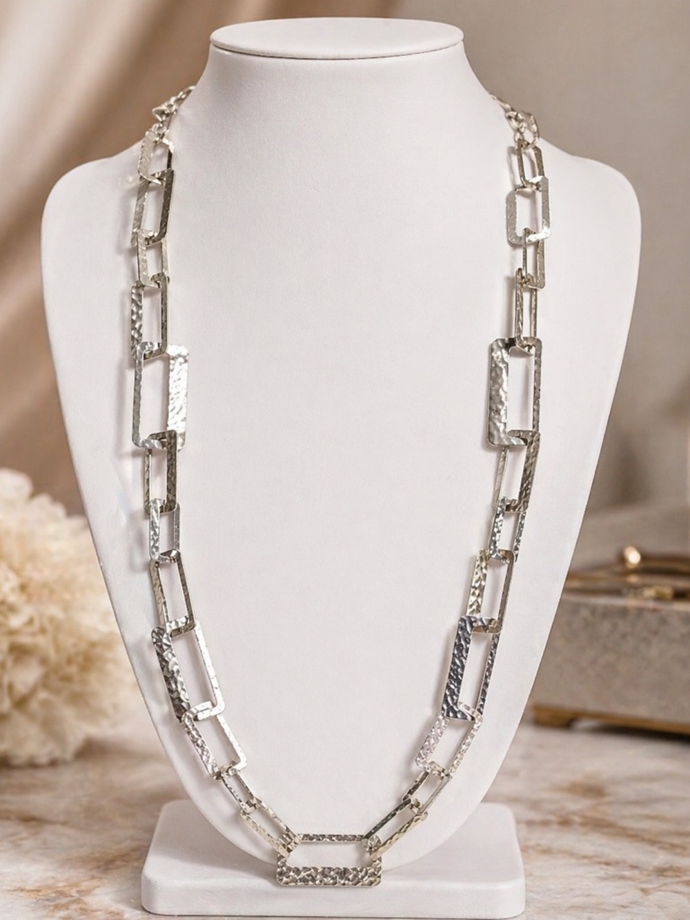 Chunky Hammered Silver-Tone Link Necklace 17” Drop + 3”Ext – Statement Chain